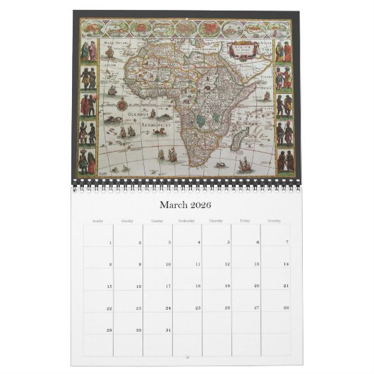 ヴィンテージイラストレーションアンティークワールドマップ カレンダー (3月 2026)