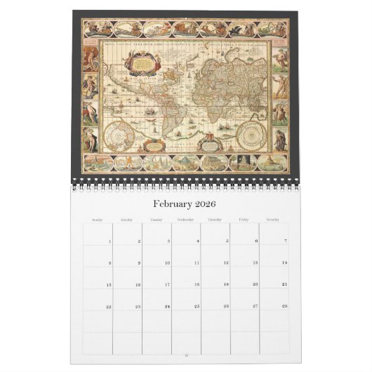ヴィンテージイラストレーションアンティークワールドマップ カレンダー (2月 2026)