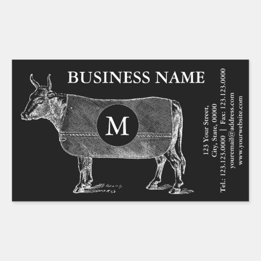 ヴィンテージイラストレーションカウブランケットモノグラムブラックS 長方形シール (正面)