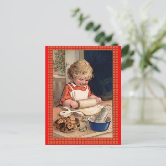 ヴィンテージイラストレーションガールベーキングクリスマスCookie シーズンポストカード (スタンド正面)