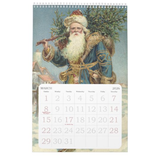 ヴィンテージイラストレーションクリスマスサンタクロース カレンダー (3月 2026)