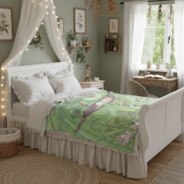 ヴィンテージイラストレーショングリーンガールズルームデコレーション フリースブランケット