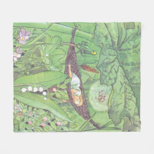 ヴィンテージイラストレーショングリーンガールズルームデコレーション フリースブランケット (正面(横))