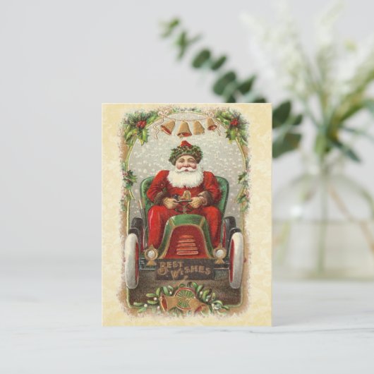 ヴィンテージイラストレーションサンタインアンティーク車 シーズンポストカード (スタンド正面)