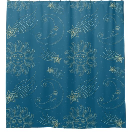 ヴィンテージイラストレーションサンムーンスターズ シャワーカーテン (正面)