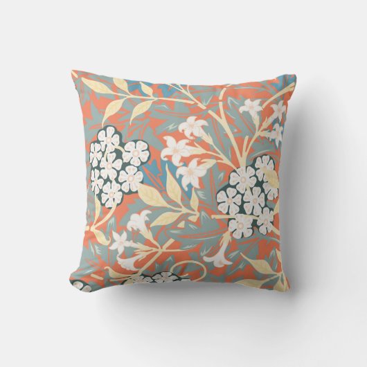 ヴィンテージイラストレーションジャスミンブルー/ベージュ クッション (正面)