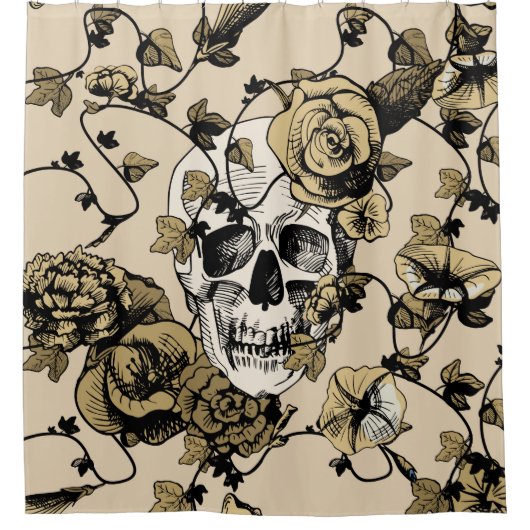 ヴィンテージイラストレーションスカルとcov シャワーカーテン (正面)