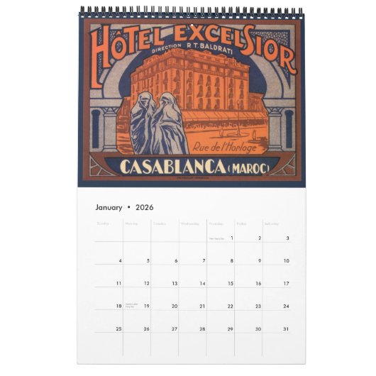 ヴィンテージイラストレーション国際的旅行ポスター カレンダー (1月 2026)