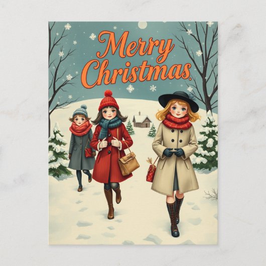 ヴィンテージイラストレーション教会に行く人々 シーズンポストカード (正面)