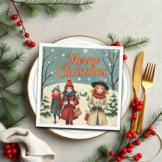 ヴィンテージイラストレーション教会に行く人々 スタンダードカクテルナプキン