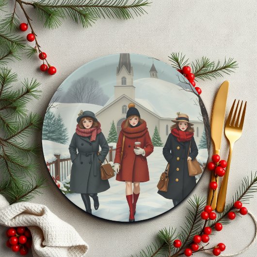 ヴィンテージイラストレーション教会に行く人々 ペーパープレート