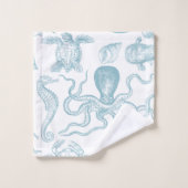 ヴィンテージイラストレーション海獣モダン青 バスタオルセット (ウォッシュタオル)