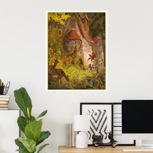 ヴィンテージイラストレーション深いフォレスト神秘的な城 ポスター (ホームオフィス)