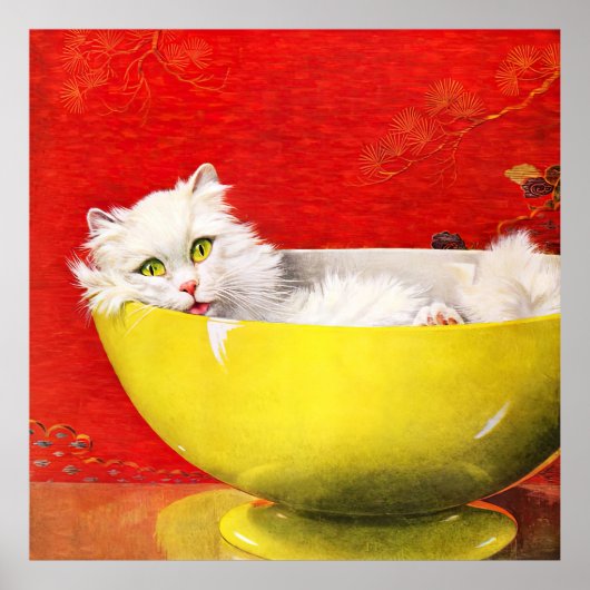 ヴィンテージイラストレーション猫インイエローボウル ポスター (正面)