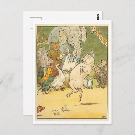 ヴィンテージイラストレーション踊り豚/動物 ポストカード (正面/裏面)