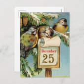 ヴィンテージイラストレーション鳥かわいいクリスマスカード シーズンポストカード (正面/裏面)