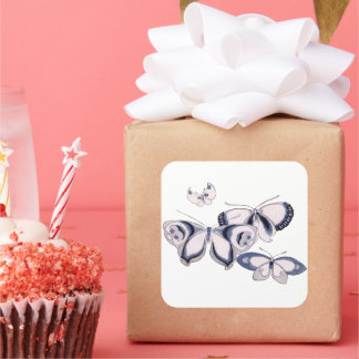 ヴィンテージイラストレーション、ブルー蝶 スクエアシール