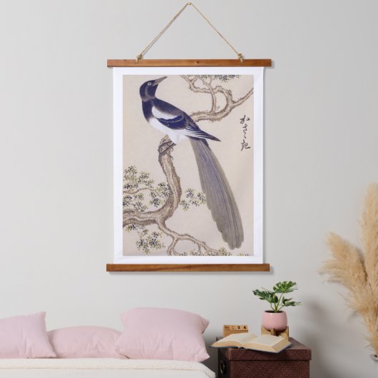 ヴィンテージイラストレーション：ユーラシア産マグピー 吊り下げ型タペストリー (寝室)