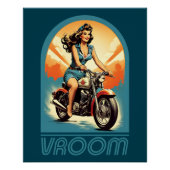 ヴィンテージイラストレーション-レトロ60sバイクもしくは自転車に乗る人ガール ポスター (正面)