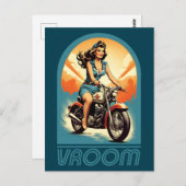 ヴィンテージイラストレーション-レトロ60sバイクもしくは自転車に乗る人ガール ポストカード (正面/裏面)