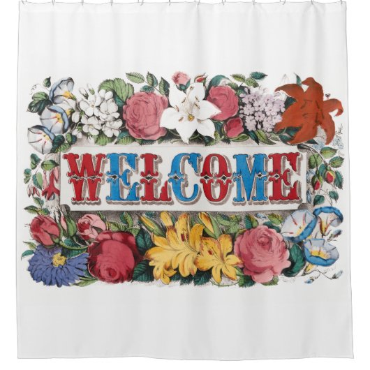 ヴィンテージイラスト　お花のウェルカム シャワーカーテン (正面)