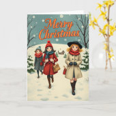 ヴィンテージイラスト 冬の教会へ行く人々 カード (黄色い花)