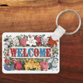 ヴィンテージイラスト WELCOME フラワー付き キーホルダー (正面)