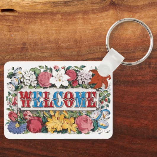ヴィンテージイラスト WELCOME フラワー付き キーホルダー (正面)