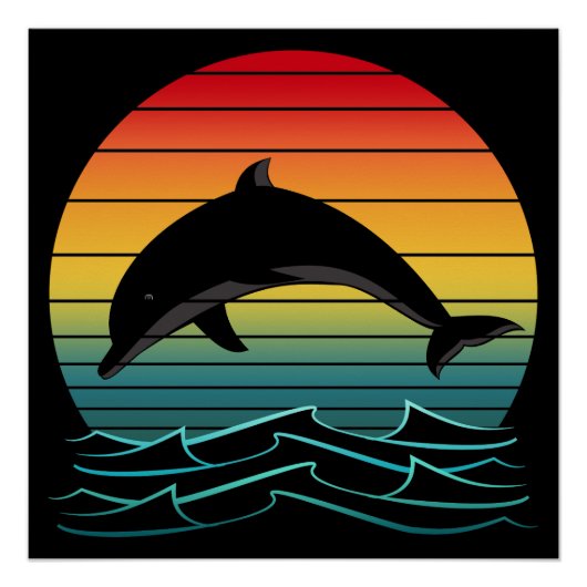 ヴィンテージイルカの夕日と海 ポスター (正面)