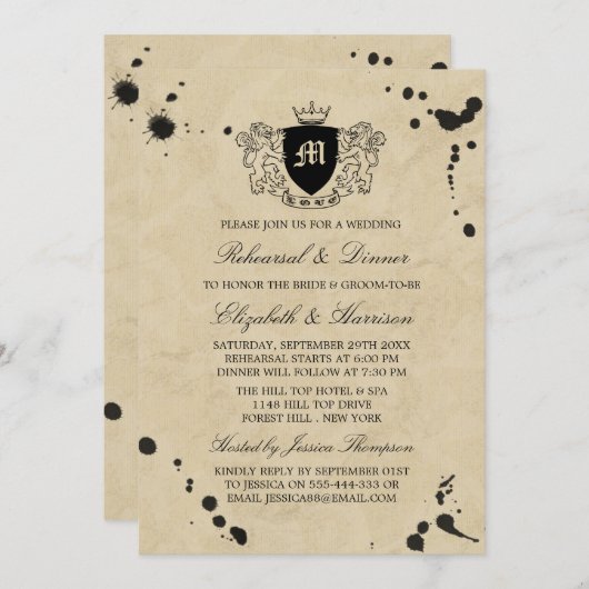 ヴィンテージインクステインモノグラムクレストリハーサルディナー 招待状 (正面/裏面)