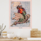 ヴィンテージイングランドの地図とセントジョージドラゴンの殺害 ポスター (キッチン)