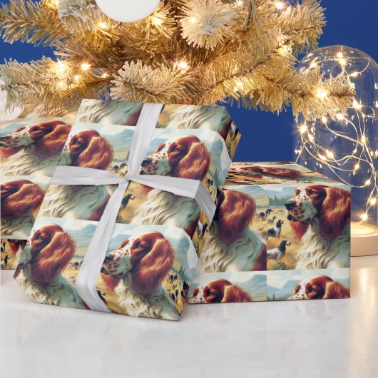 ヴィンテージイングリッシュセッター油彩画 ラッピングペーパー (クリスマス)