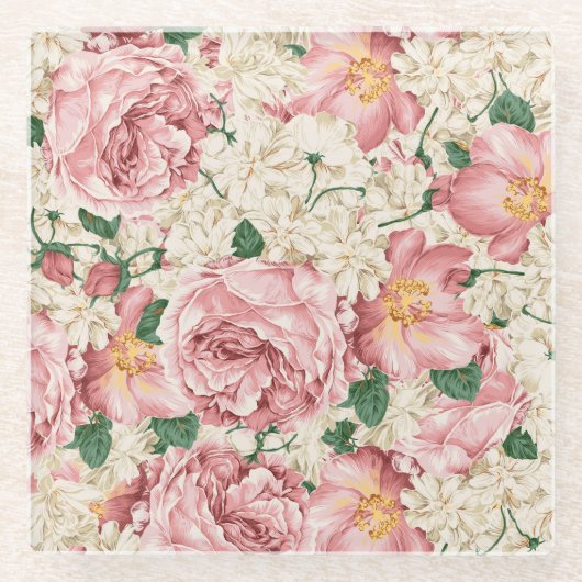 ヴィンテージイングリッシュバラあじさい花パターン ガラスコースター (正面)