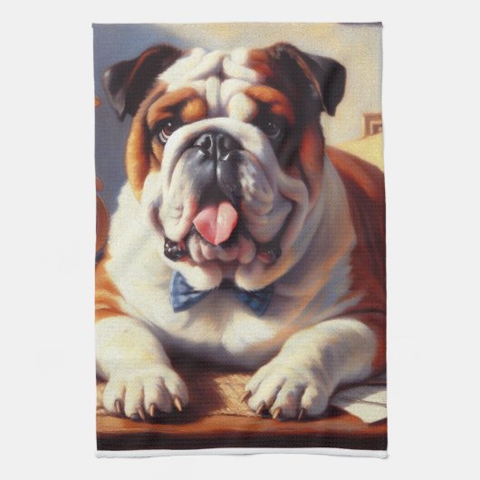 ヴィンテージイングリッシュブルドッグイラストレーション キッチンタオル (縦)