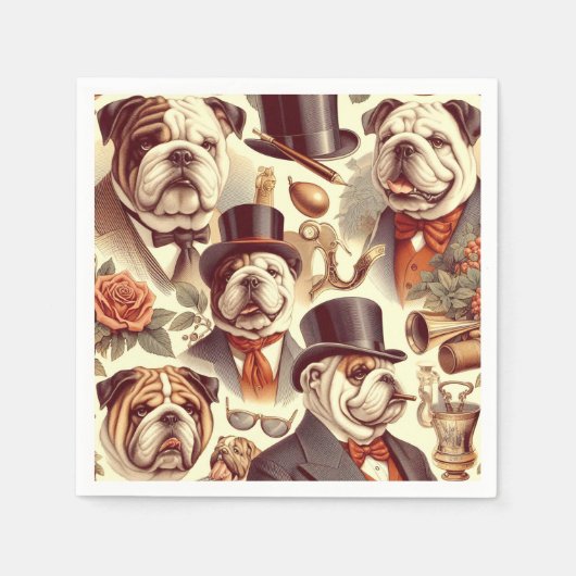 ヴィンテージイングリッシュブルドッグシームレスイラストレーション スタンダードカクテルナプキン (正面)