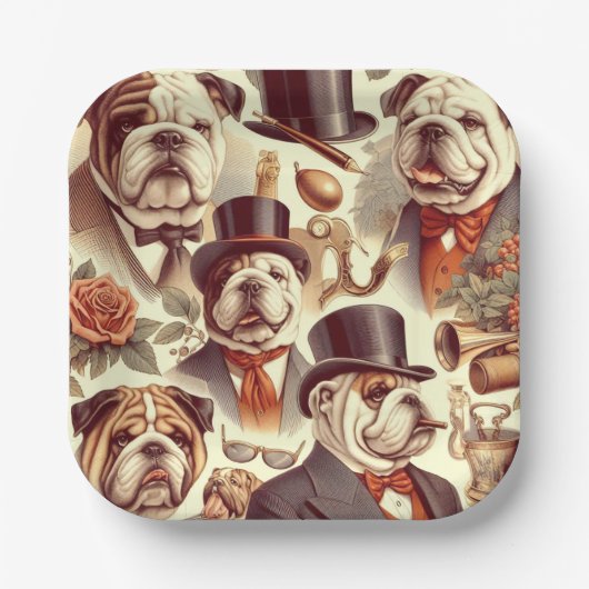 ヴィンテージイングリッシュブルドッグシームレスイラストレーション ペーパープレート (正面)