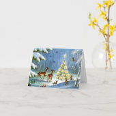 ヴィンテージインスパイアの鹿と木のホリデーカード カード (黄色い花)