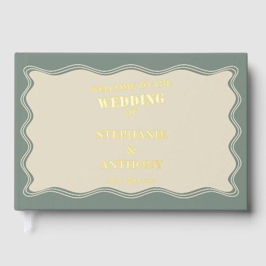 ヴィンテージインスパイアはSage Greenの上に縁ど波状の結婚 ゲストブック (正面)