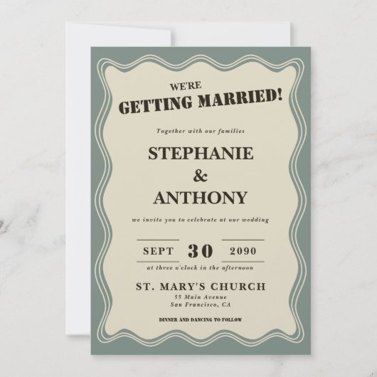 ヴィンテージインスパイアはSage Greenの上に縁ど波状の結婚 招待状 (正面)