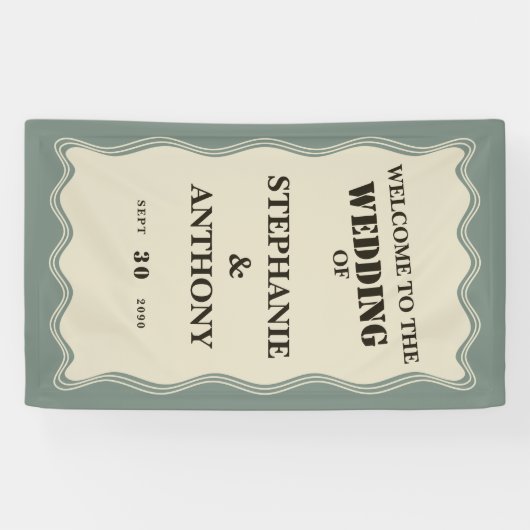 ヴィンテージインスパイアはSage Greenの上に縁ど波状の結婚 横断幕 (横)