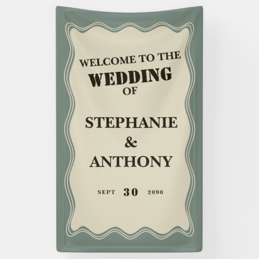 ヴィンテージインスパイアはSage Greenの上に縁ど波状の結婚 横断幕 (縦)