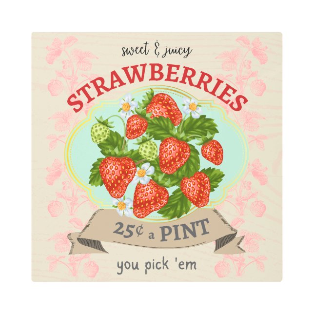 ヴィンテージインスパイアイチゴ金属標識 メタルプリント (正面)