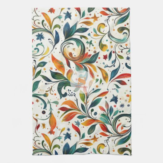 ヴィンテージインスパイアカラフルペイズリー葉パターン キッチンタオル (縦)