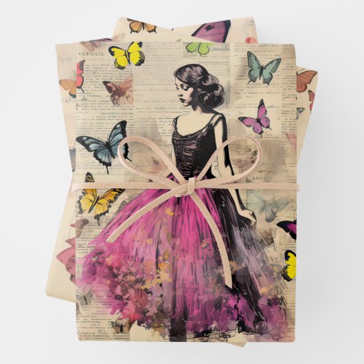 ヴィンテージインスパイアガール蝶と花 ラッピングペーパーシート (インサイチュ)