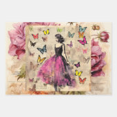 ヴィンテージインスパイアガール蝶と花 ラッピングペーパーシート (正面)