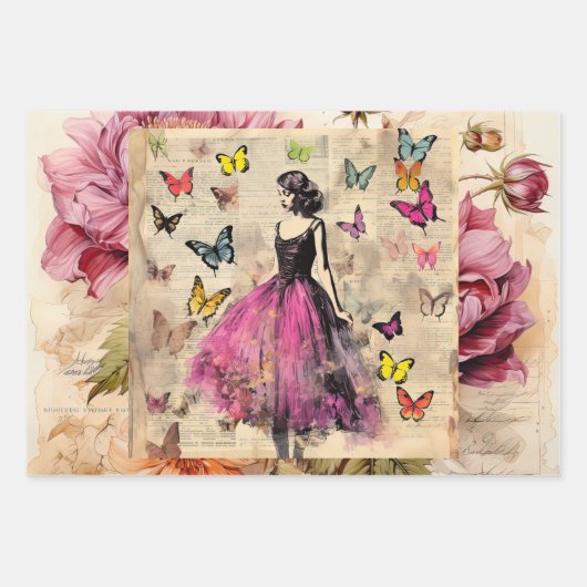 ヴィンテージインスパイアガール蝶と花 ラッピングペーパーシート (正面)
