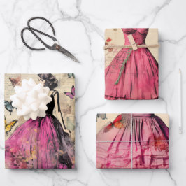 ヴィンテージインスパイアガール蝶と花 ラッピングペーパーシート