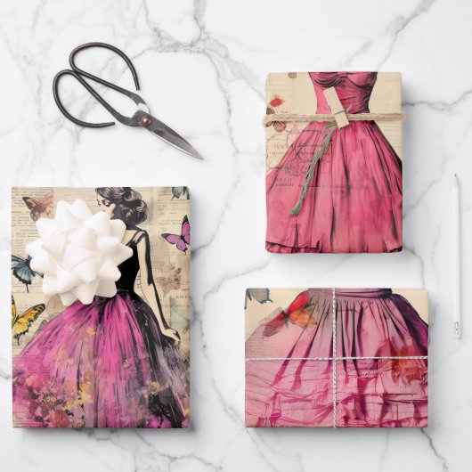 ヴィンテージインスパイアガール蝶と花 ラッピングペーパーシート (正面)