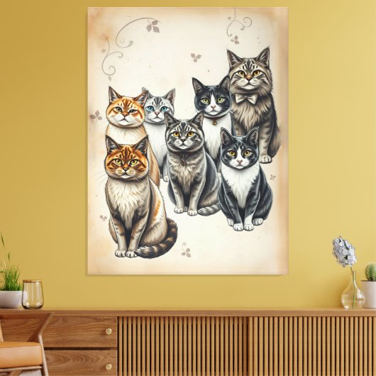 ヴィンテージインスパイアキャットファミリーポートレート キャンバスプリント (インサイチュ (リビング))