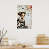 ヴィンテージインスパイアゴシックガールウォーター色バラレイブン ポスター (キッチン)